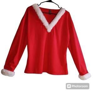 NORACORA Mrs Santa Claus Top Size Medium Jersey Knit Red Stretch White Faux Fur
